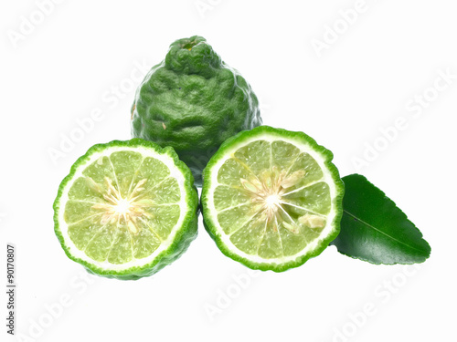 Kaffir lime with leaves isolated on white background 