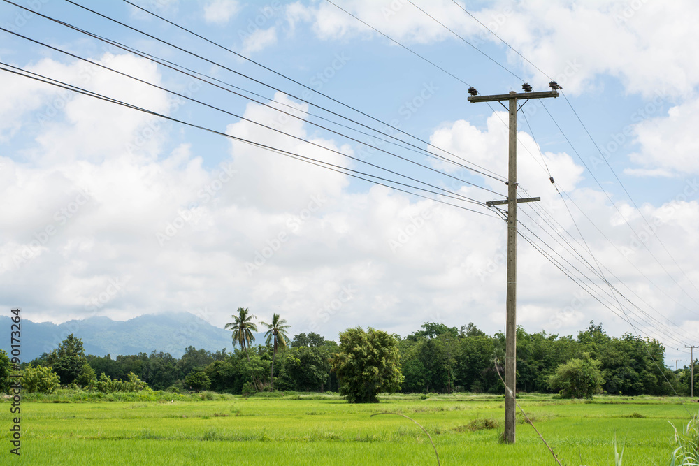 Power pole on field In rural Thailand.