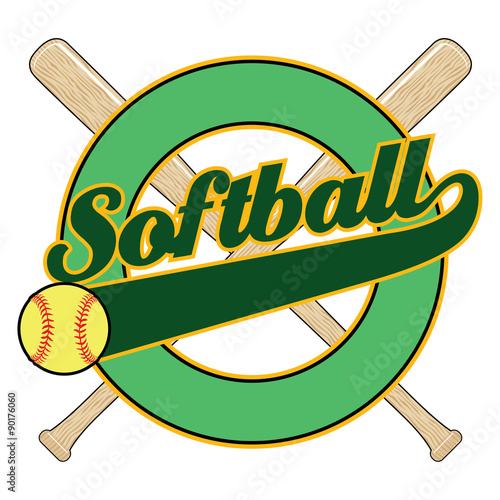 Softball With Tail Banner is an illustration of a softball design with the word softball, bats, a tail banner and empty circle element with space for your own text.