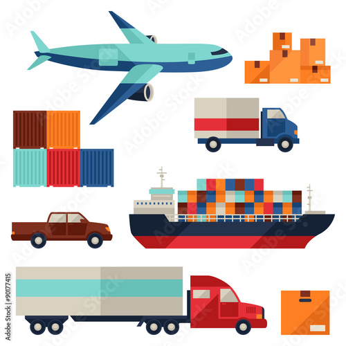 Freight cargo transport icons set in flat design style