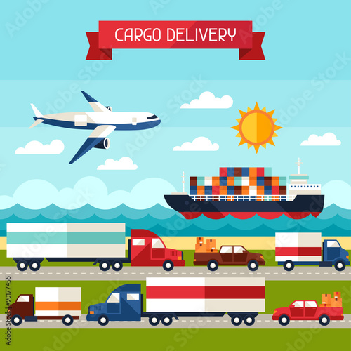 Freight cargo transport background in flat design style