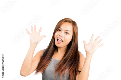 Two Hand Wave Asian Girl Greeting Friends Half