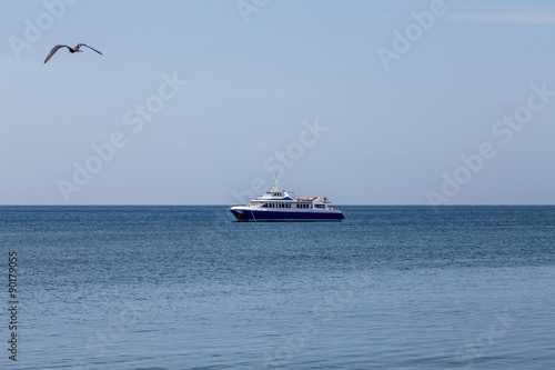 Blue and White Fishing Boat Morred on Sea