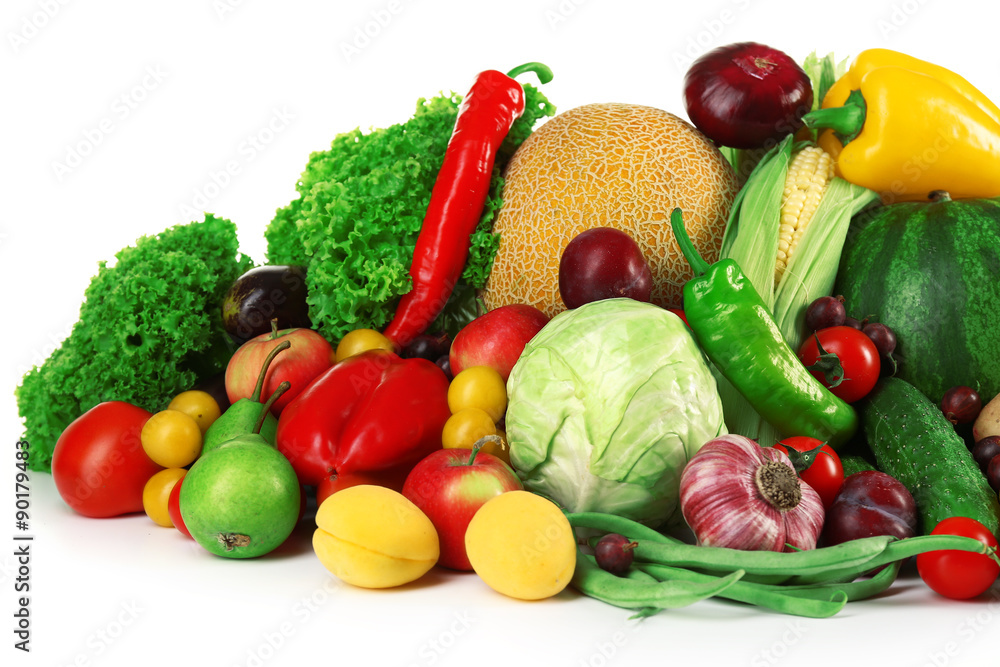 Naklejka Skład z świeżymi owoc i warzywo na białym tle