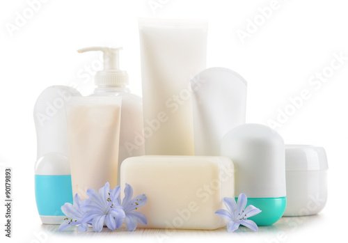 Composition with containers of body care and beauty products
