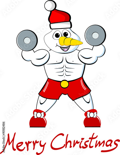 Illustration of an athletic muscle snowman with dumbbells and text Merry Christmas