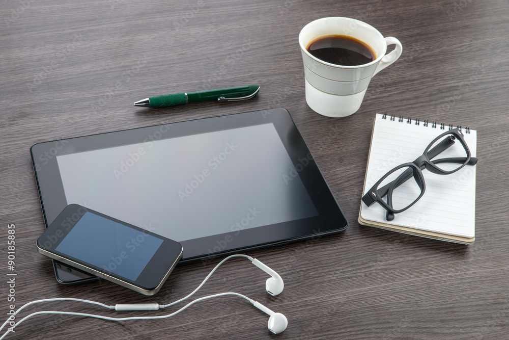 Tablet, headphone, notebook and smart phone with coffee Tablet, headphone, notebook and smart phone with coffee