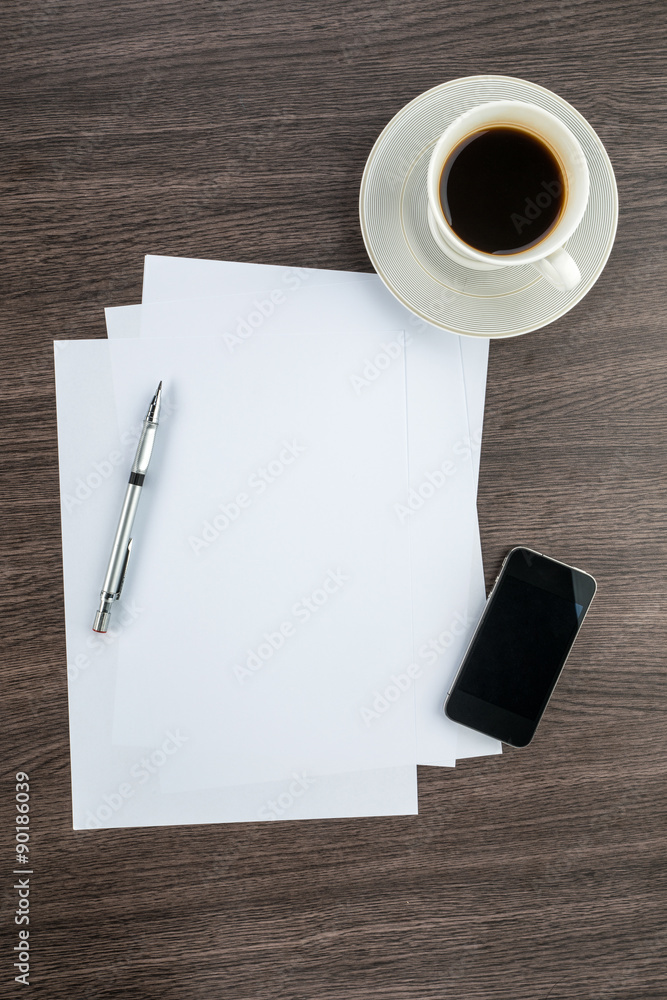 Smart Phone, paper and drawing pen with coffee Smart Phone, paper and drawing pen with coffee