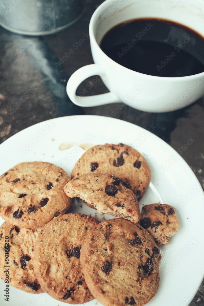 Hot coffee with chocolate cookies Hot coffee with chocolate cookies