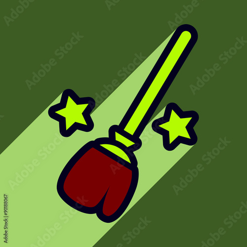 Flat with shadow Icon Broom and stars on colored background