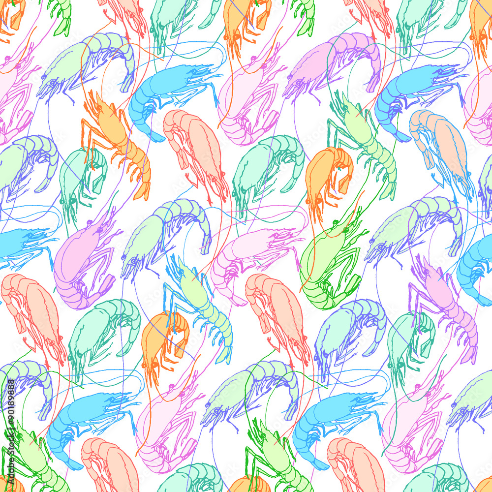 Shrimps. Seamless pattern background. Drawn illustration, sketch, doodle