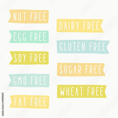 Nut, dairy, sugar, egg, wheat, gmo, soy, gluten, fat free signs