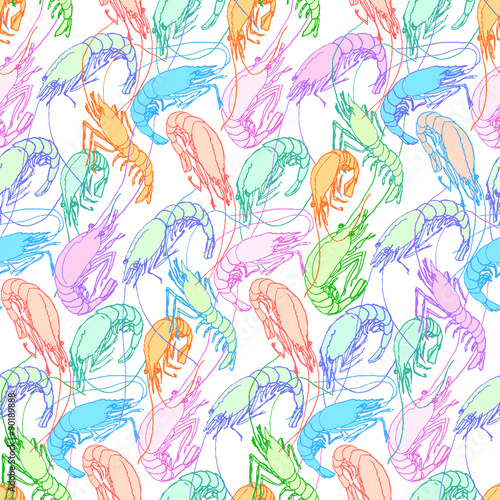 Shrimps. Seamless pattern background. Drawn illustration, sketch, doodle © Meganeura