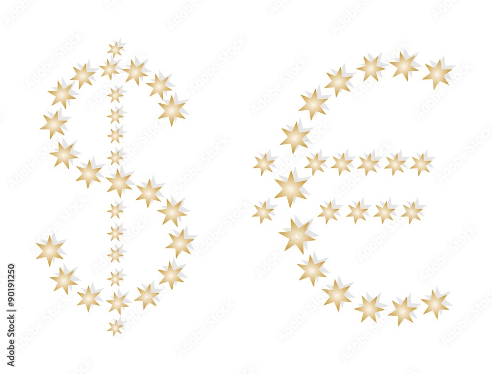 US dollar sign and euro european composed of gold stars with shadows on a white background