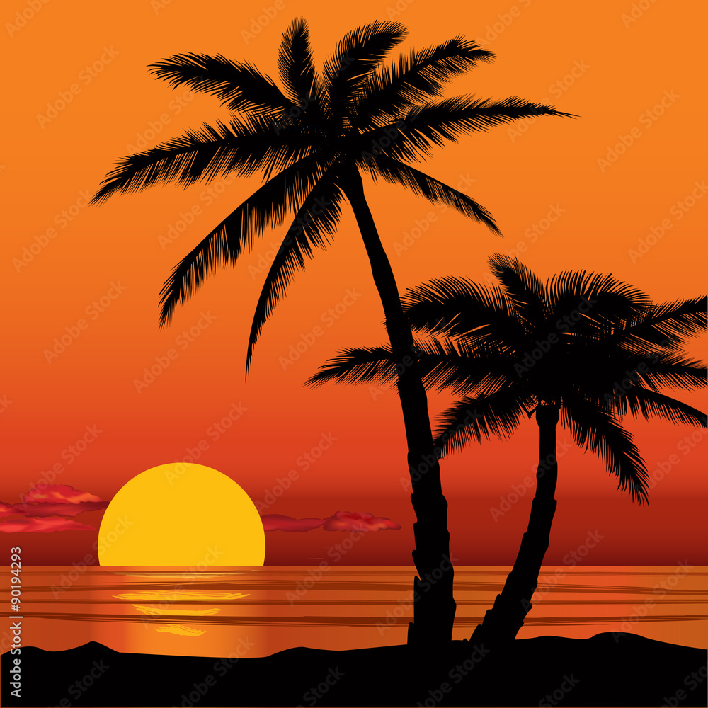 Summer holidays background. Sunset View Poster. Vector beach resort wallpaper.