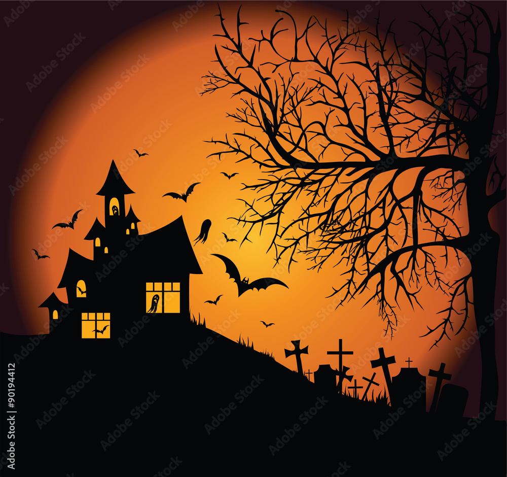 Frightening night landscape with cemetery, tree and ghost- house