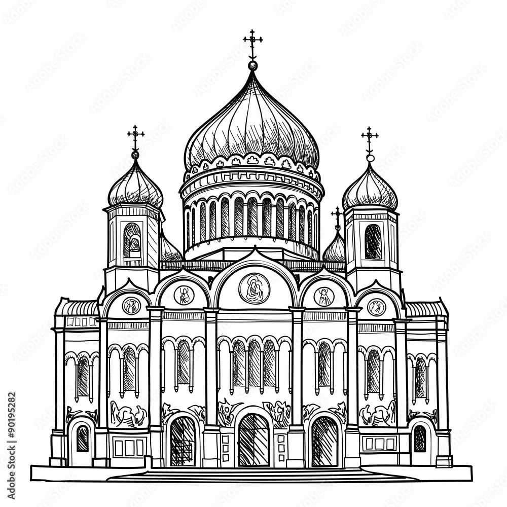 Cathedral of Christ the Savior in Moscow, Russia. Famous building isolated on white background. Sketch Vector illustration.