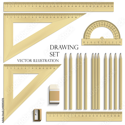 Drawing Set, ruler, protractor, pencils, eraser and sharpener realistic wood