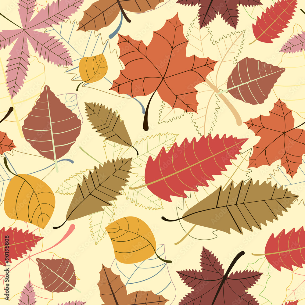 seamless pattern of autumn leaves and contours, vintage style