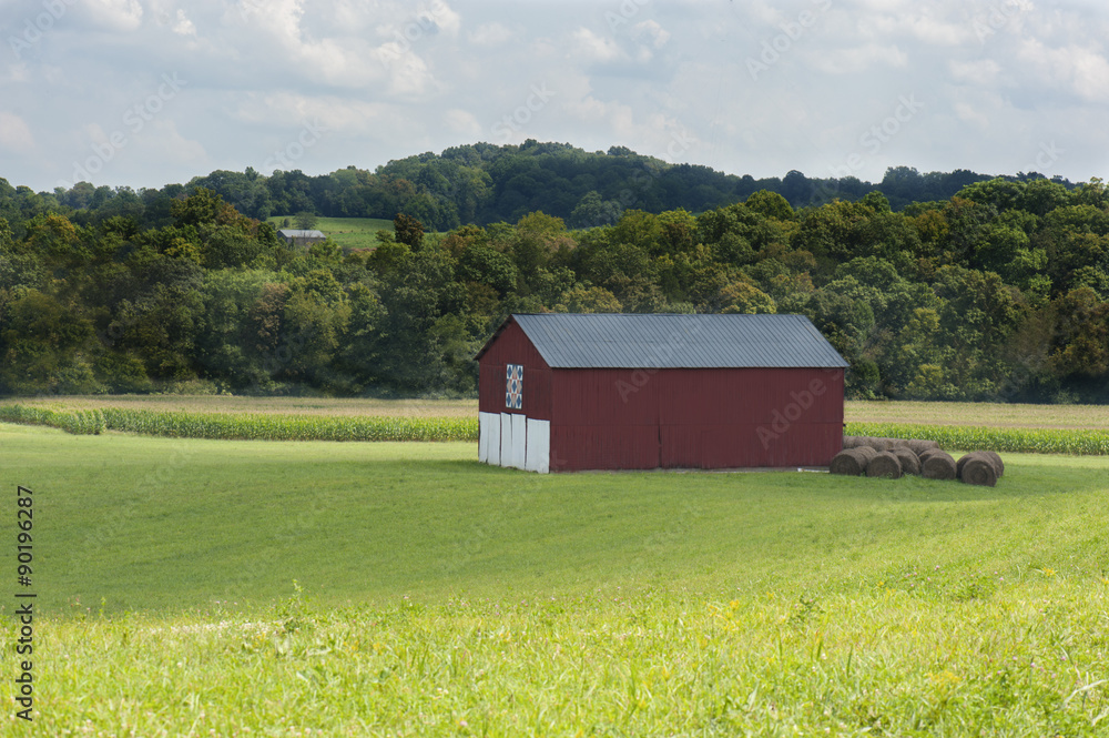 Fototapeta premium Farm with red barn, corn and hay in Kentucky