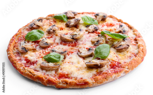Tasty pizza with vegetables and basil isolated on white