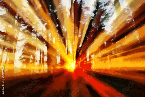 Sunbeams lighting through trees at sunset - oil painting