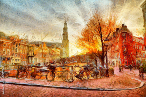 Amsterdam canal at evening impressionistic painting