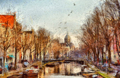 Amsterdam canal at morning impressionistic painting