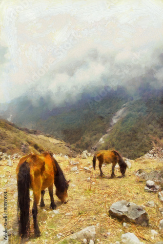 Horses feeding in cloudy mountains illustration