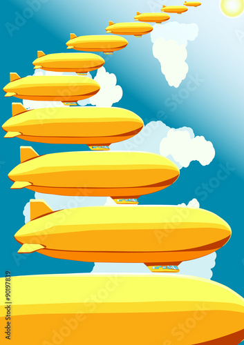Airships, stairway in the sky, vector illustration
