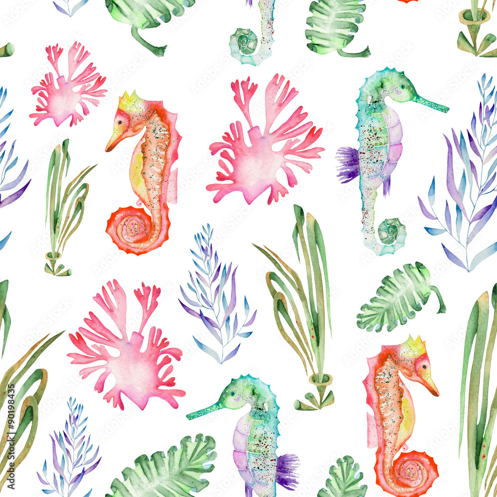 Naklejka premium Seamless pattern with multicolored seahorses and seaweed (algae) painted in watercolor on a white background