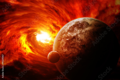 Fototapeta Naklejka Na Ścianę i Meble -  Red nebula in space with planet Earth