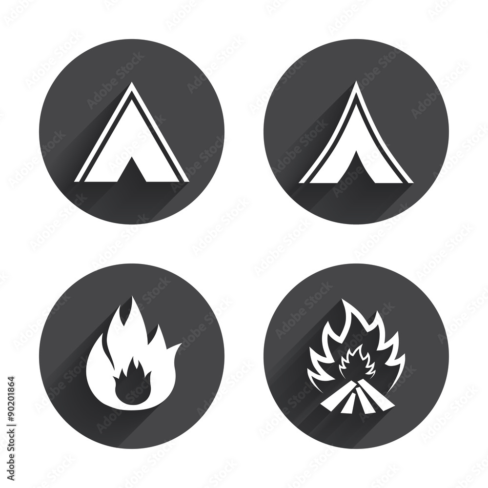 Tourist camping tent signs. Fire flame icons. Tourist camping tent signs. Fire flame icons.