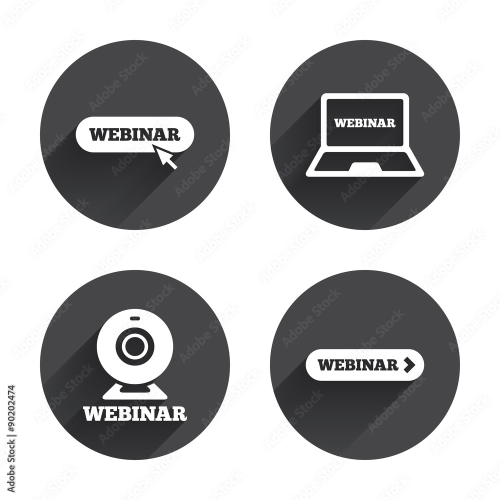 Webinar icons. Web camera and notebook pc signs. Webinar icons. Web camera and notebook pc signs.