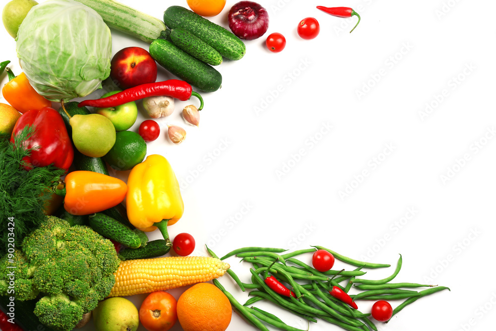 Heap of fruits and vegetables isolated on white Heap of fruits and vegetables isolated on white