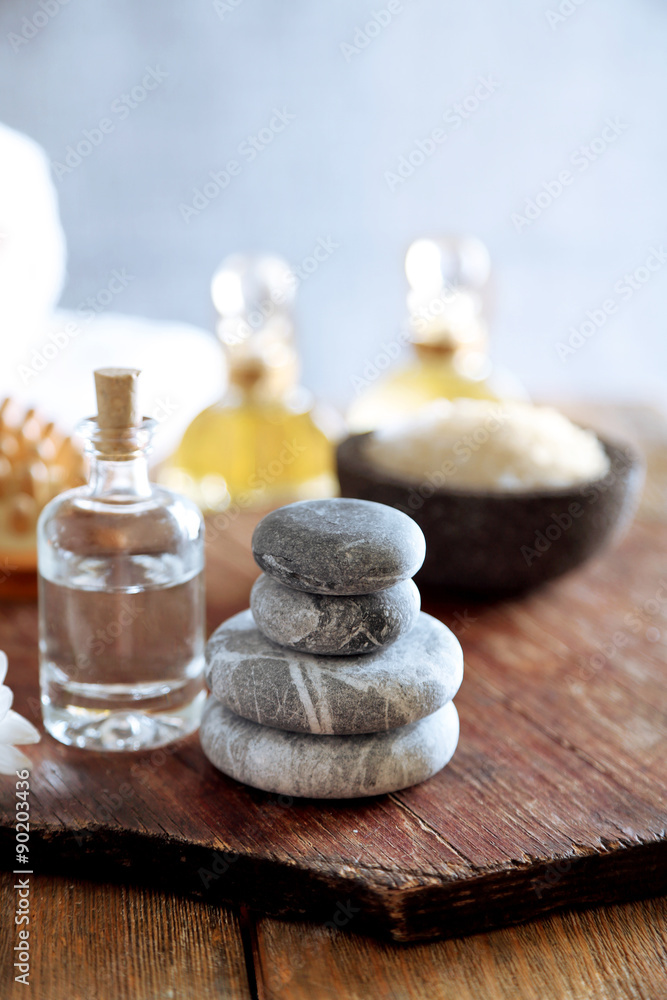 Composition of spa treatment on table colorful background Composition of spa treatment on table colorful background