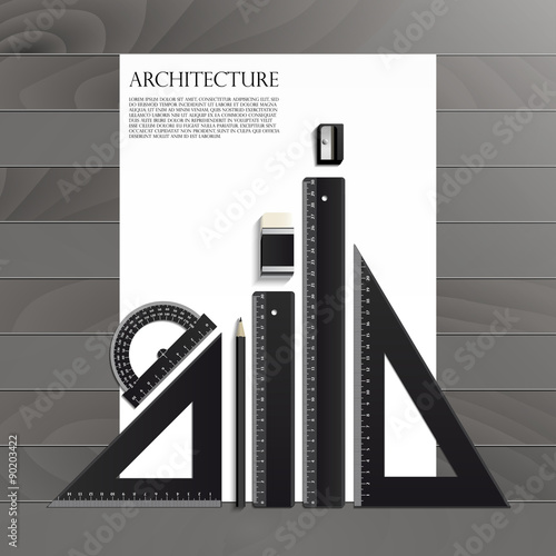 Workplace art board, paper, ruler, protractor, pencils, eraser and sharpener realistic plastic on a wooden background