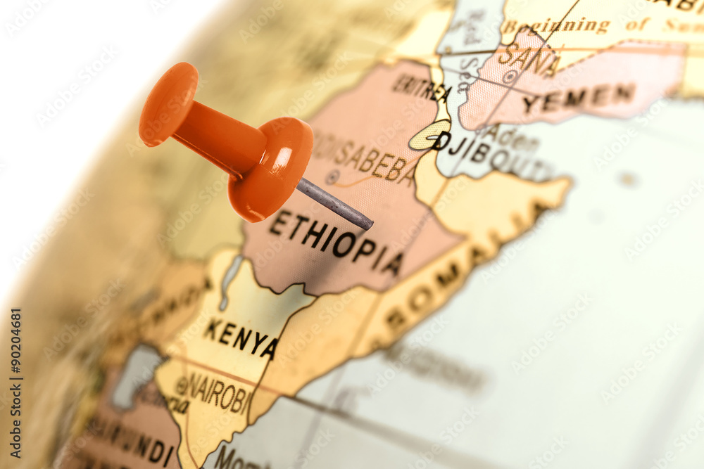 Fototapeta premium Location Ethiopia. Red pin on the map.