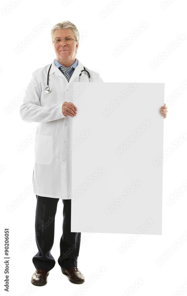 Doctor holding blank card board isolated on white Doctor holding blank card board isolated on white