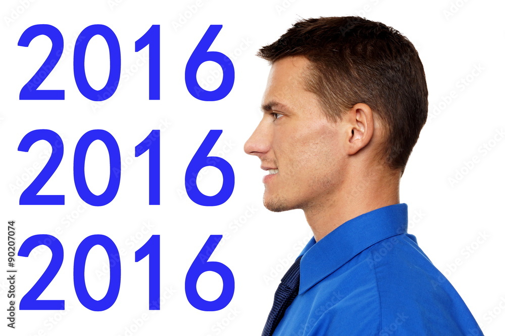 Happy new 2016 year with profile of young man in blue shirt and tie. Happy new 2016 year with profile of young man in blue shirt and tie.