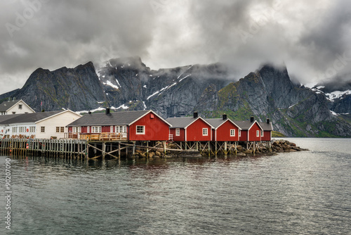 Red fishing cabins in Hamnoy, Norway #90207090