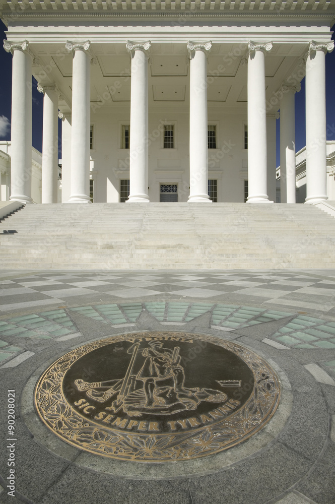 Obraz premium The 2007 restored Virginia State Capitol and the State Seal of Virginia, designed by Thomas Jefferson who was inspired by Greek and Roman Architecture, Richmond, Virginia