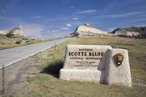 Welcome sign for Scotts Bluff National Monument, a site on the Oregon Trail, Scottsbluff, Nebraska photo