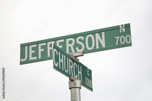 Road signs reading Jefferson & Church - representing Separation of Church and State, Pierre, South Dakota