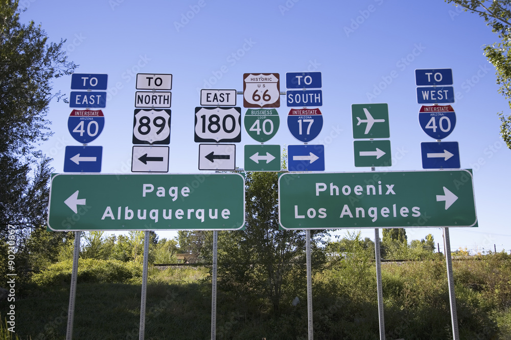 Road signs to Interstate 40 and everywhere in all directions in Flagstaff Arizona