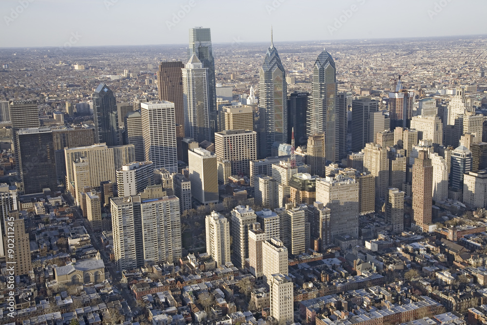 Aerial sunset views of Philiadelphia, Pennsylvania, the City of Brotherly Love