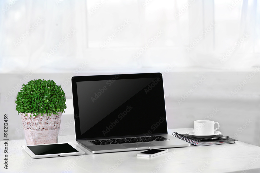 Fototapeta premium Modern workplace with laptop, close up