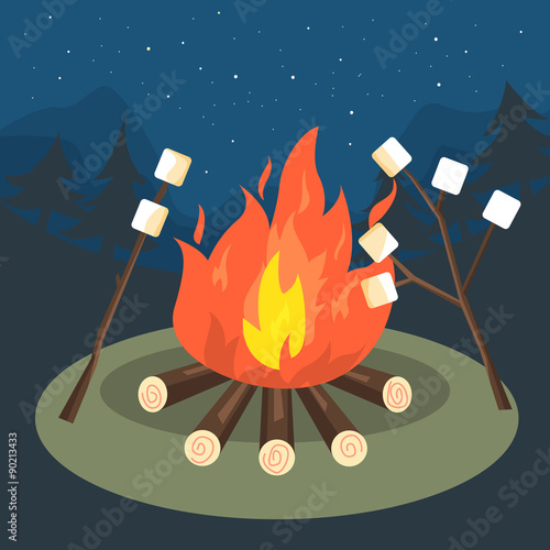 campfire party marshmallow grill vector illustration