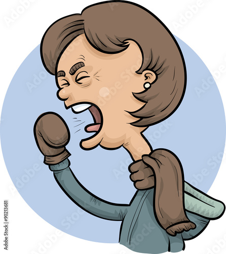 A cartoon woman, dressed for winter weather, coughs into her mitten because she has a cold.