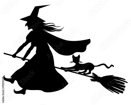 Witch and cat flying on broom